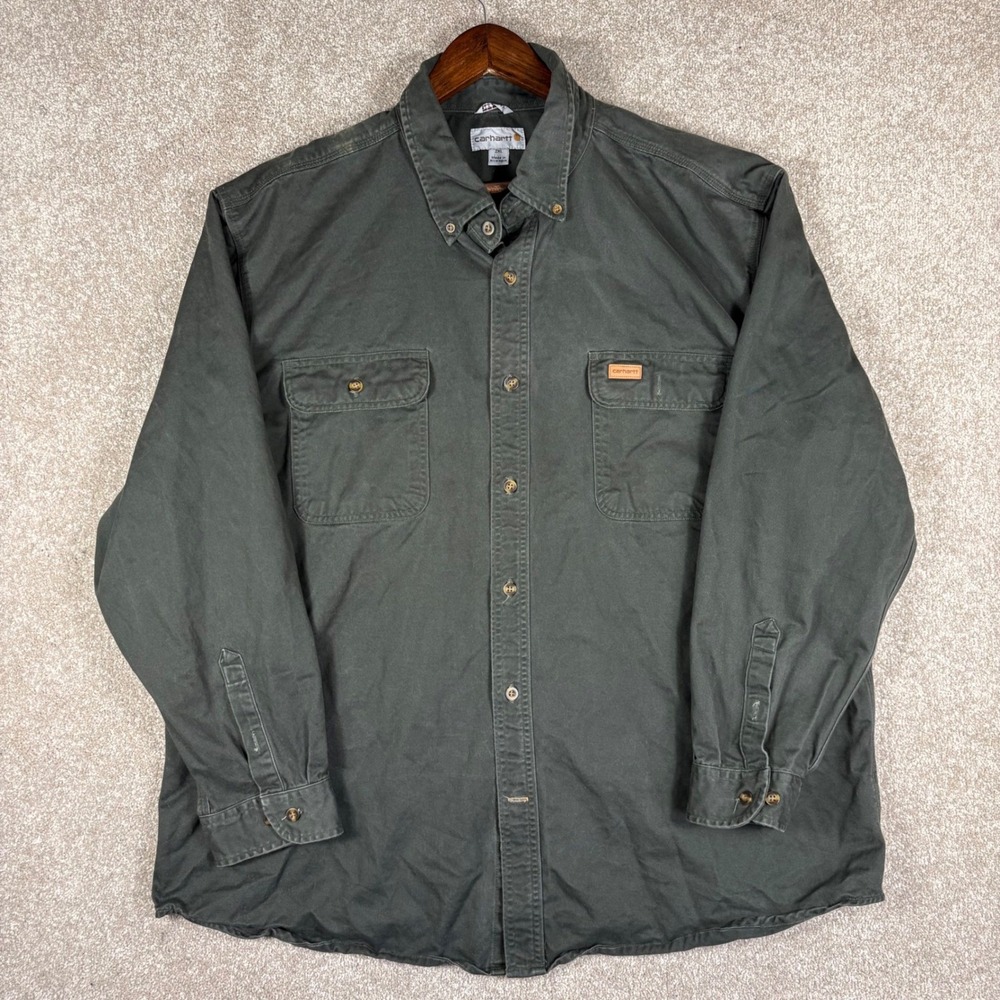 Carhartt Mens 2XL Original Fit Button Down Work Shirt Long Sleeve Green Cotton
